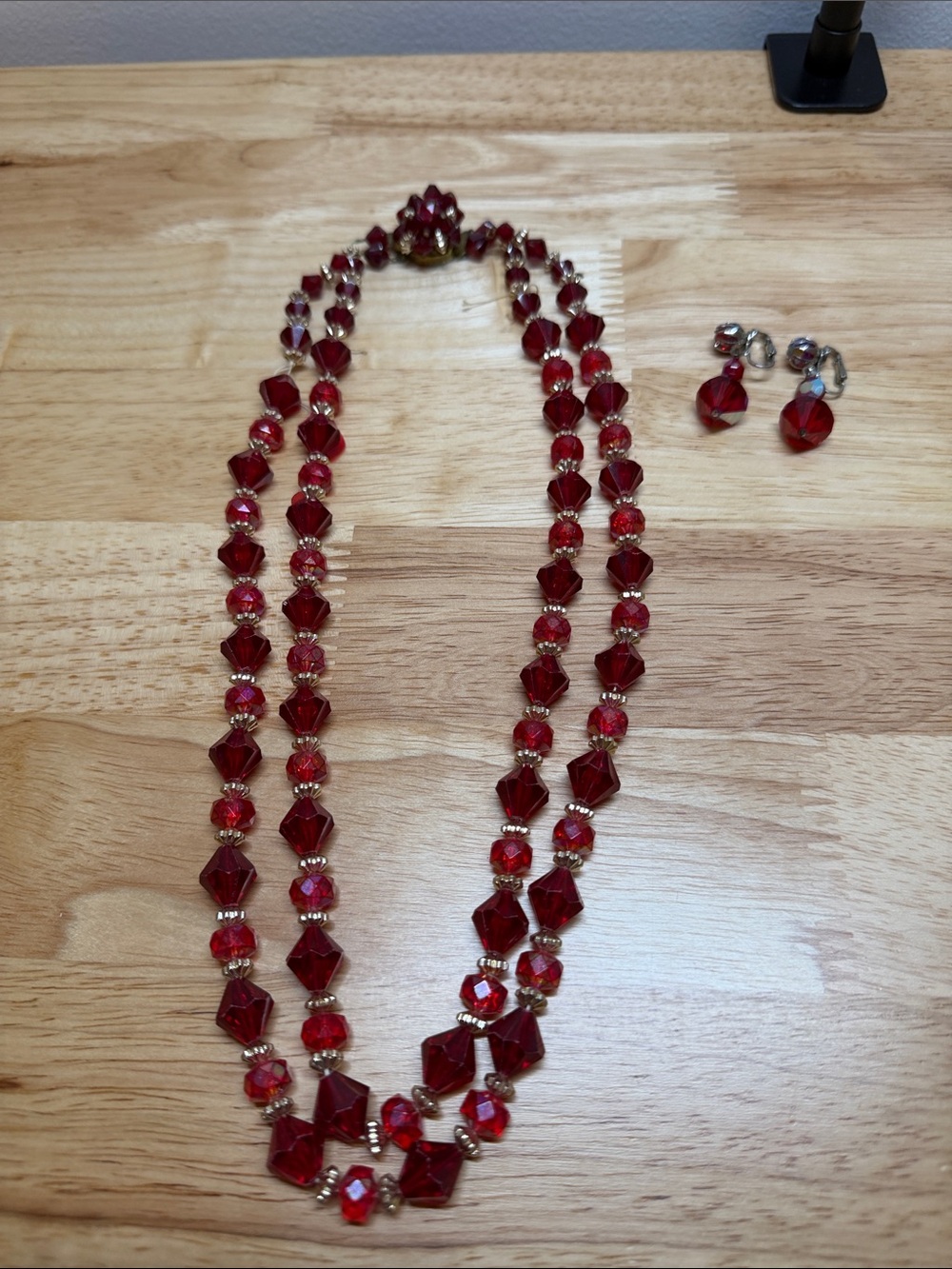 Vintage Red Crystal Double-Strand Necklace with Matching Clip-On Earrings